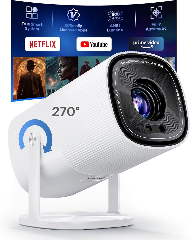 Boldever 【Built-in Officially-Licensed Apps & 500 ANSI Lumens & Full Automatic】 2026 Upgraded Mini Smart Projector with WiFi 6 and Bluetooth, 270° Adjustable Stand, Movie Projector Indoors Outdoors - Image 1